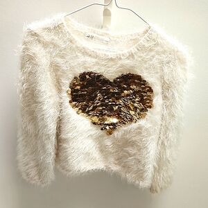 H & M Girls Fuzzy Sequin Heart Sweater